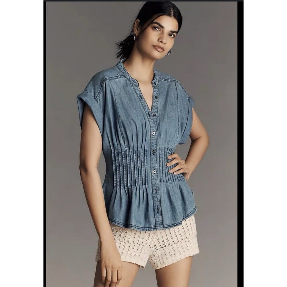 Anthropologie Pilcro Short Sleeve Pleated Corset Blouse Sz Md Blue